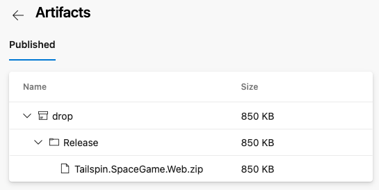Screenshot of Azure Pipelines showing the published artifact. The artifact includes a .zip file.