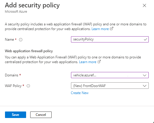 Screenshot of adding security policy containing WAF policy settings.