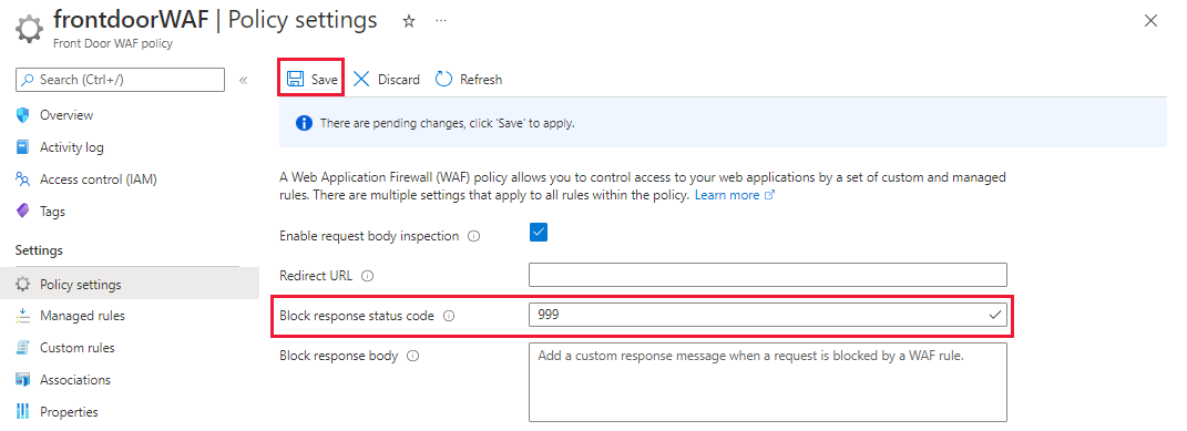 Screenshot of updating response code for blocked requests.