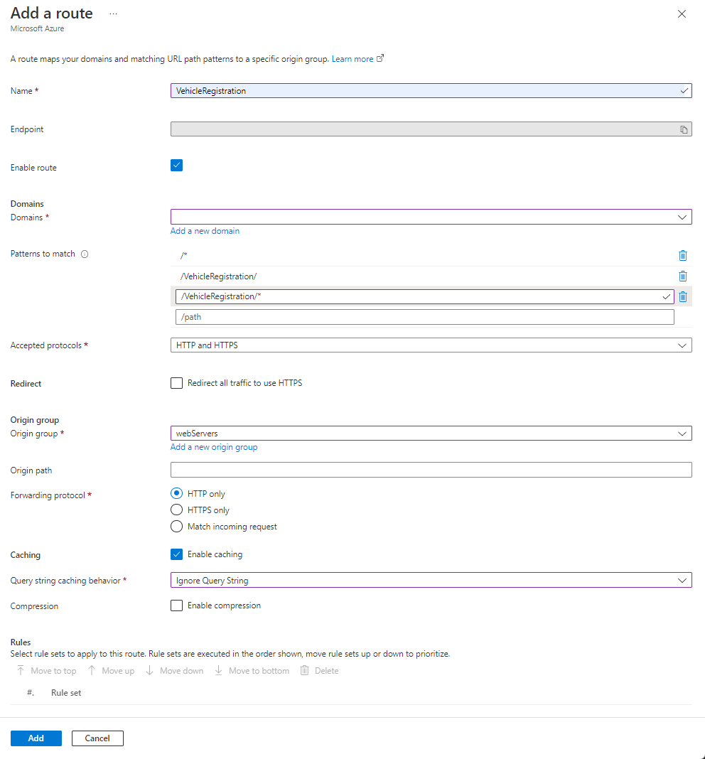 Screenshot of vehicle registration route settings.