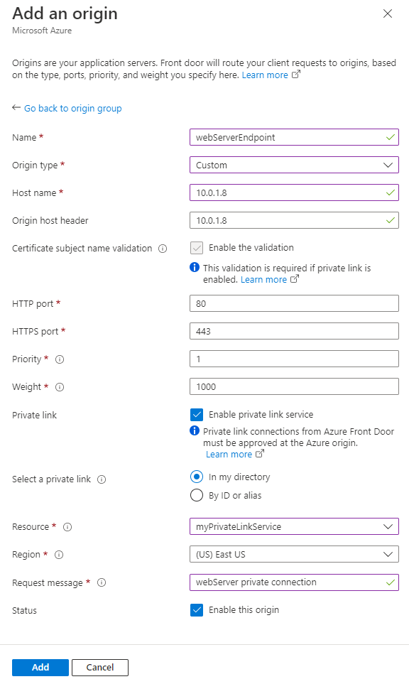 Screenshot of adding a web server origin setting in an origin group.