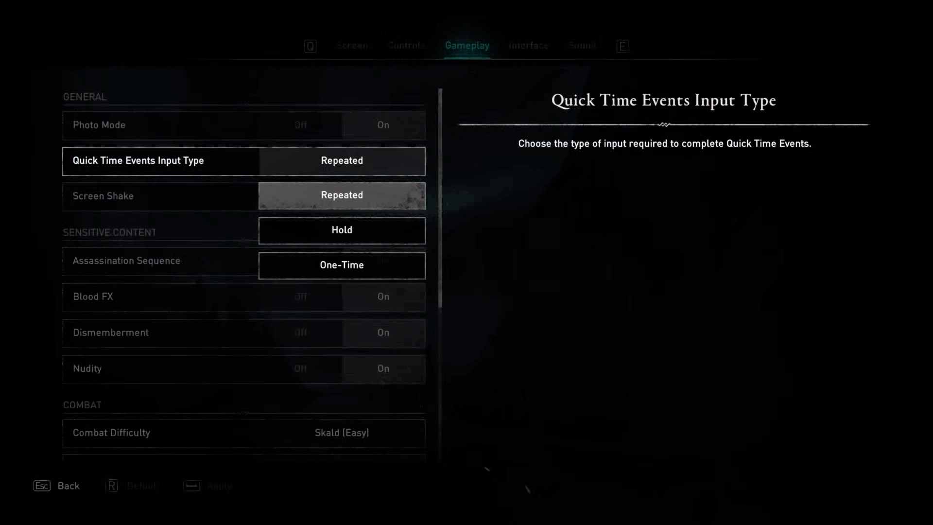 Screenshot that shows the Assassin's Creed Valhalla Quick Time Events Input Type settings. The options provided are Repeated, Hold, and One-Time.