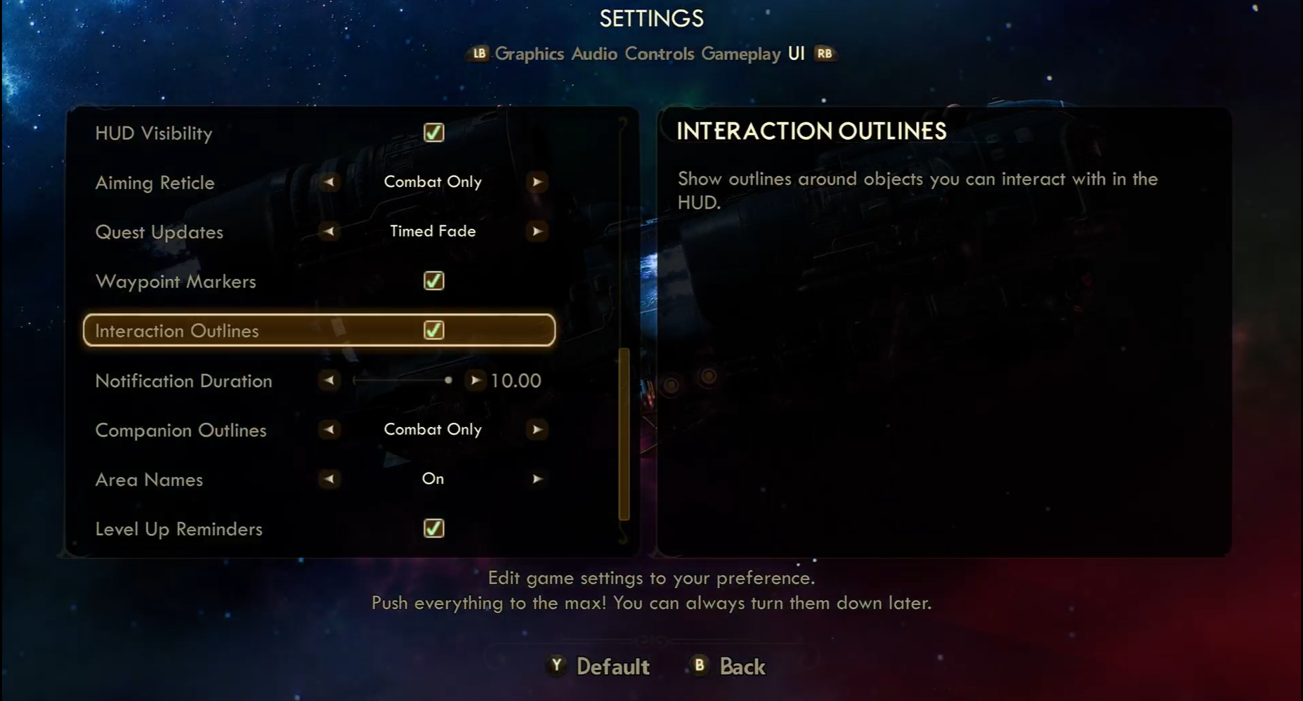 Screenshot that shows the UI settings in The Outer Worlds. The Interaction Outlines checkbox is selected.