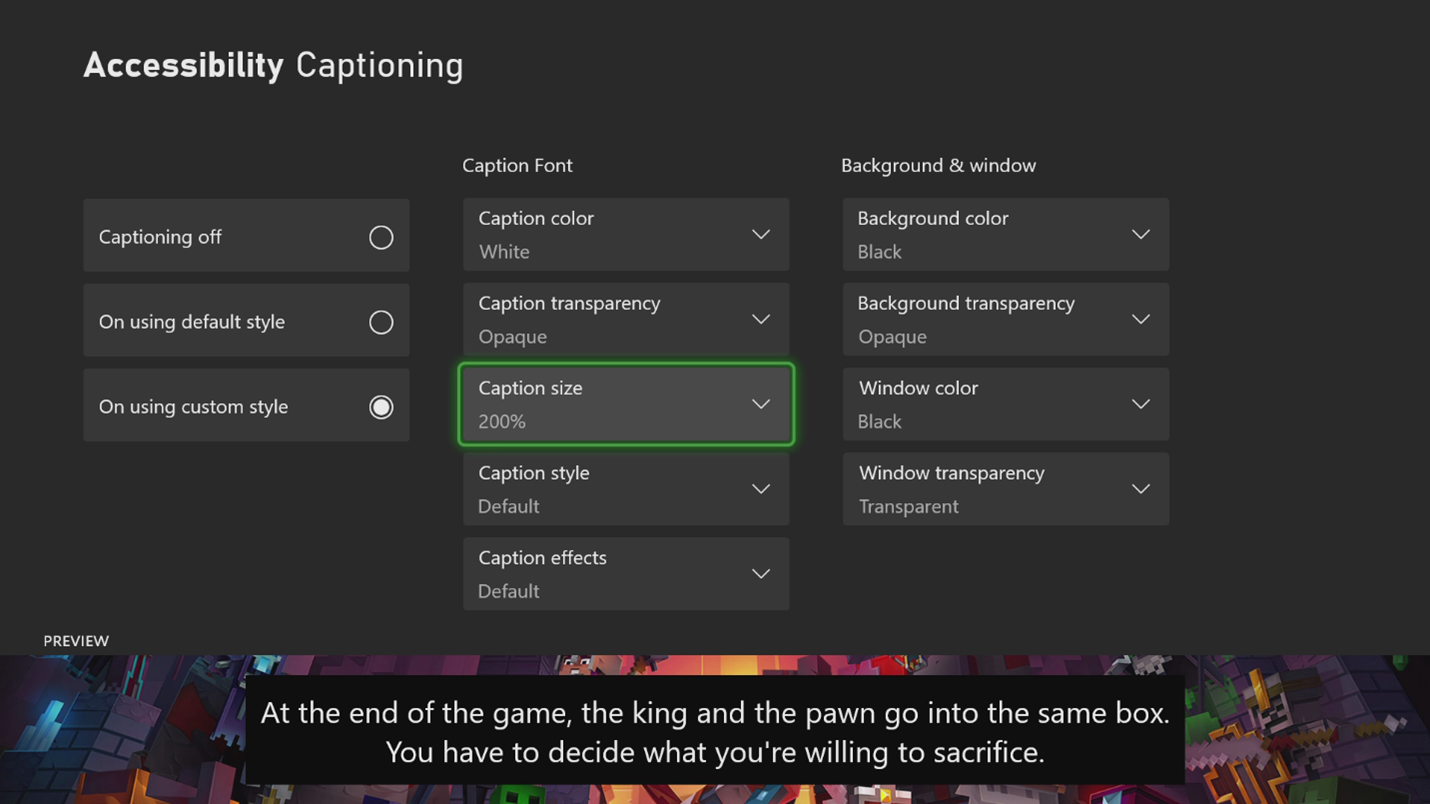 A screenshot that shows the Xbox Accessibility Captioning settings.