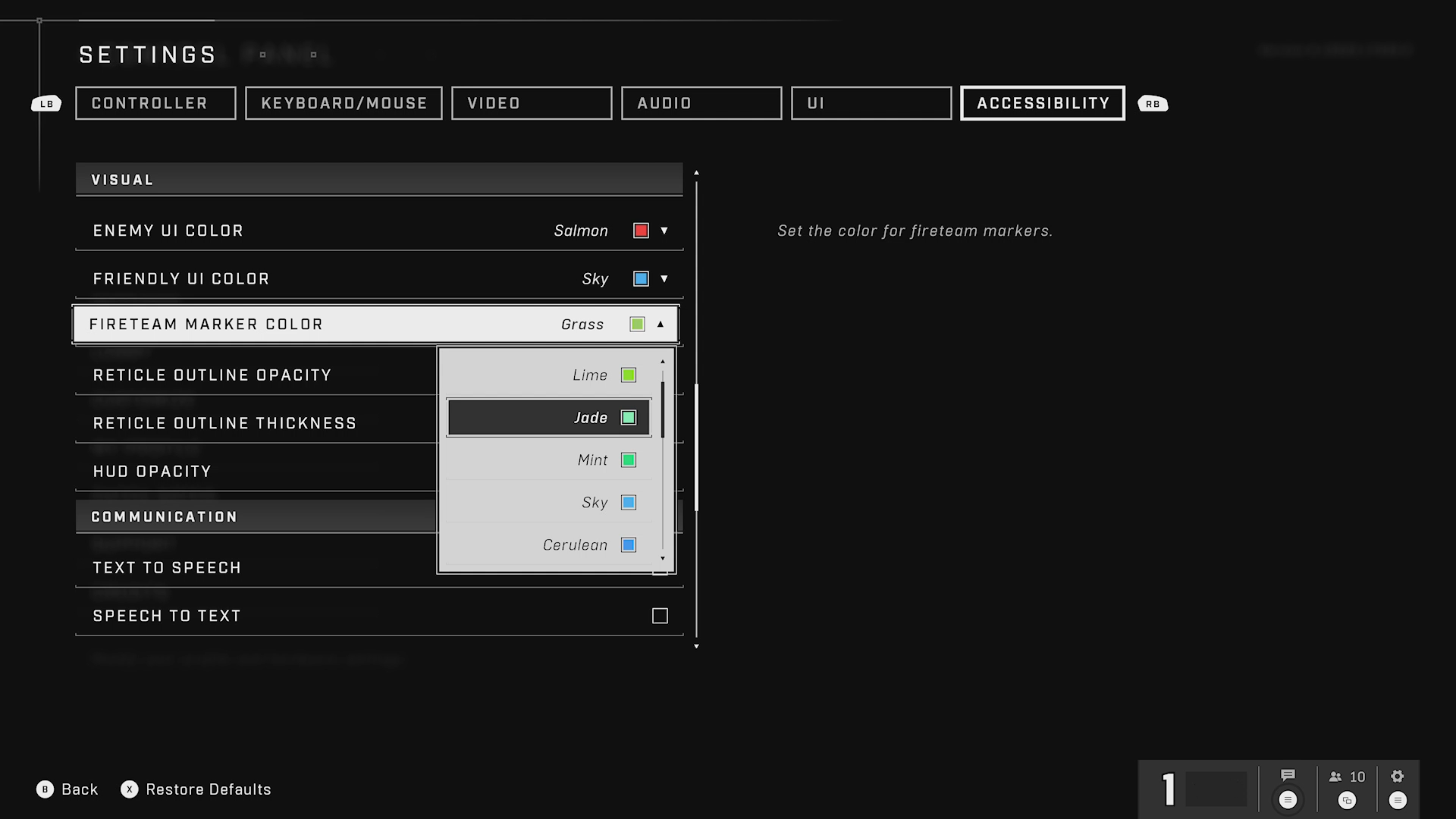 A screenshot that shows the Halo 5 Accessibility menu options. The fireteam marker color selection list is expanded. A scrolling list of about 15 color options total is presented. The color jade is selected.