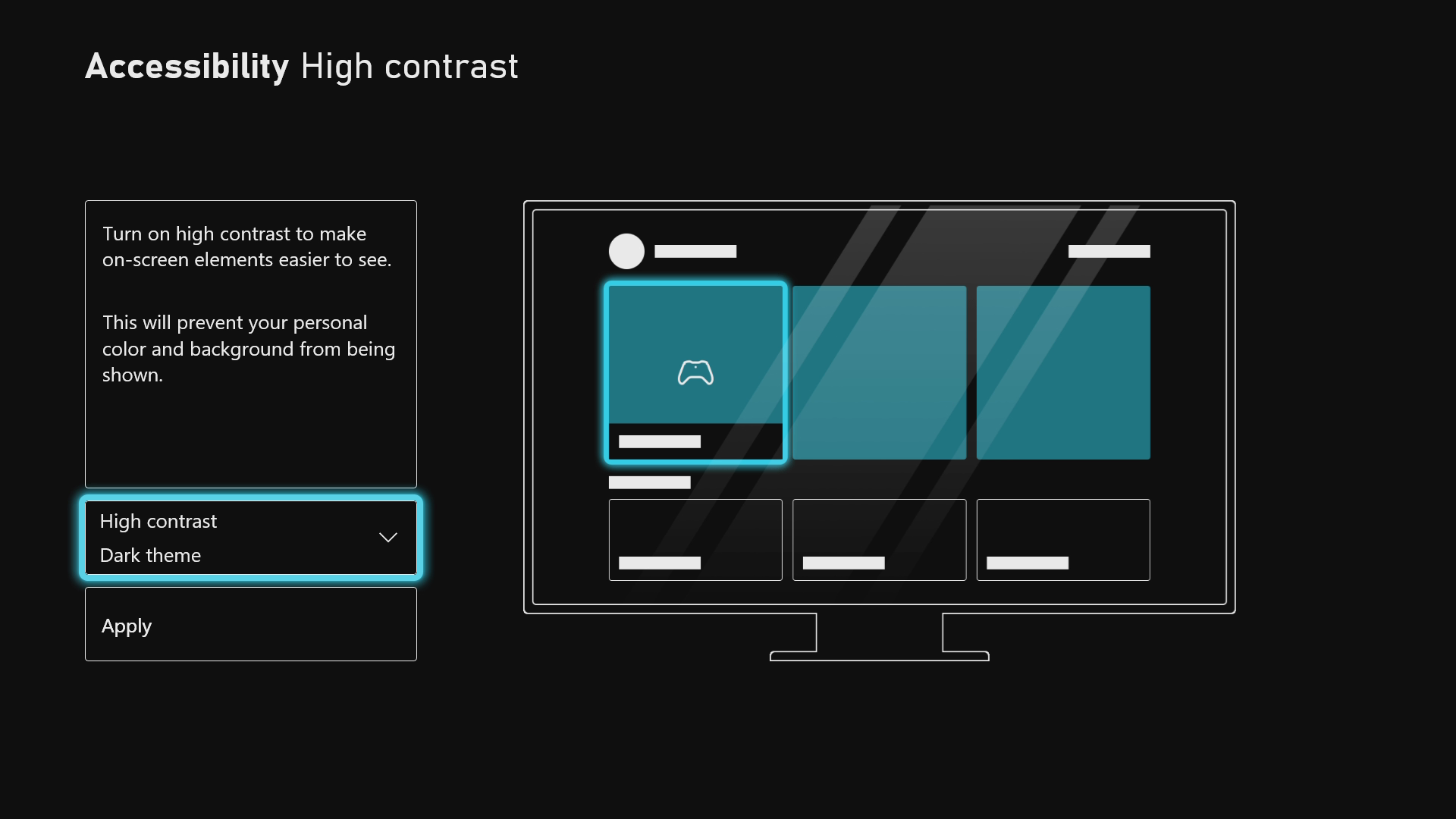 A screenshot that shows the Xbox Accessibility High-contrast settings menu with High contrast: Dark theme selected. An image next to the setting demonstrates what the Xbox home screen looks like with a dark theme applied. Text on the screen reads: Turn on high contrast to make on-screen elements easier to see. This will prevent your personal color and background from being shown.