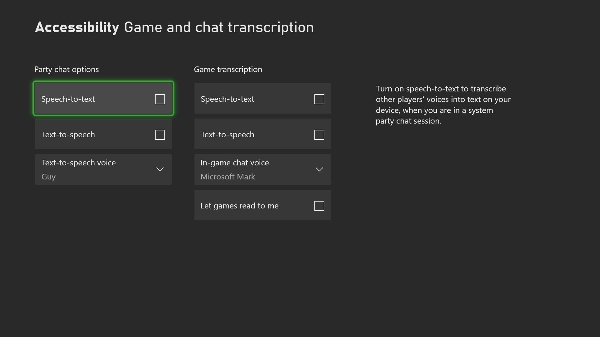 A screenshot that shows the Xbox Accessibility Game and chat transcription settings.