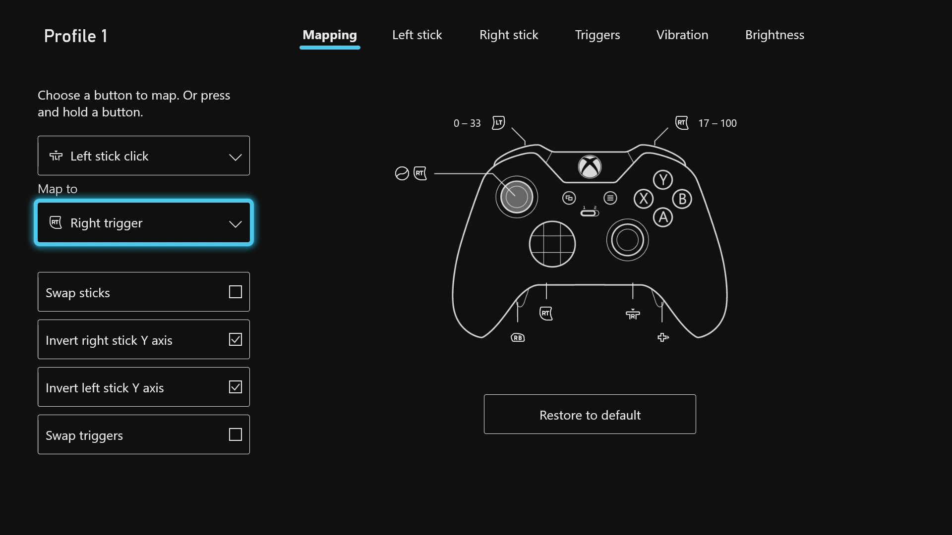 Screenshot that shows the Xbox Elite Controller configuration screen. The Map to field is highlighted and Right trigger is selected.