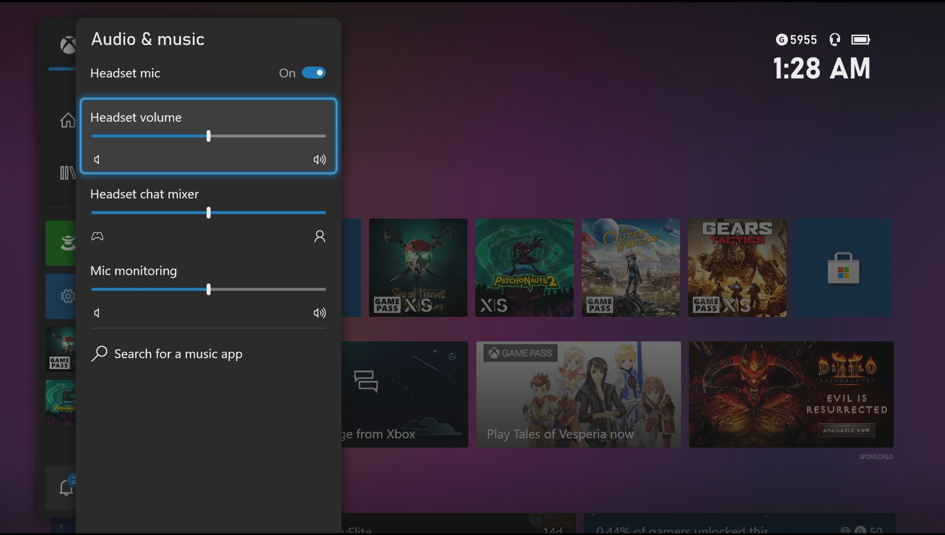 Screenshot that shows the Xbox Audio & music settings panel. The headset volume selector is highlighted.