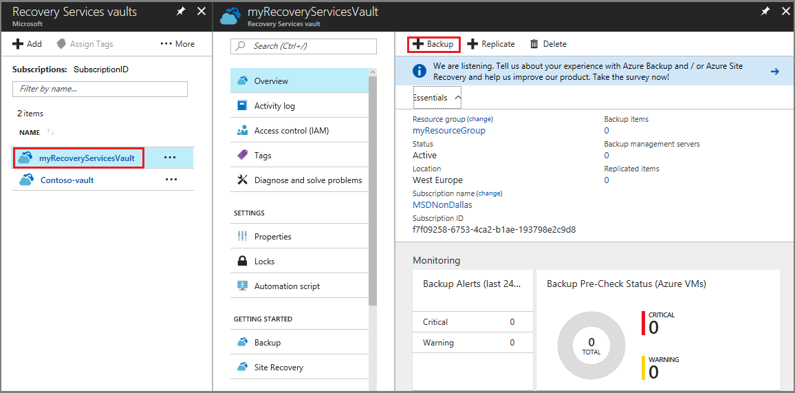 Figure 3: The console for Azure Recovery Services Vault. [Courtesy Microsoft]