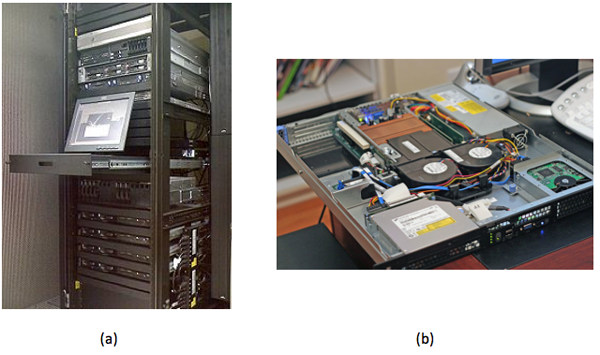 Servers mounted in standard 19-inch rack, and a look inside a 1U rack-mounted server.