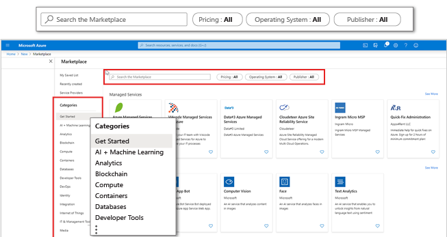 Screenshot of Azure Marketplace in Azure portal with emphasis on application categories and filters.