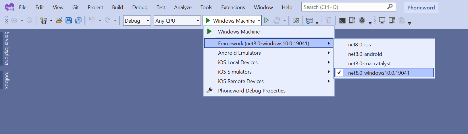 A screenshot of the target runtime dropdown in Visual Studio. The user sets the Windows Machine profile as the startup profile for the solution.