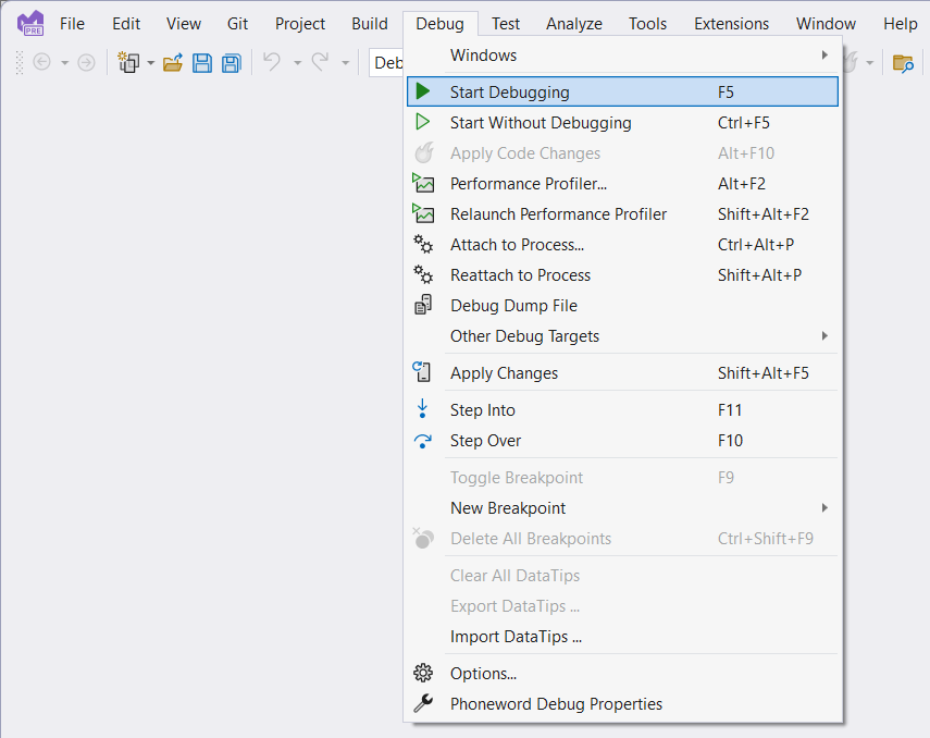 A screenshot of the Visual Studio debug menu. The user is debugging the app using the Windows Machine profile.