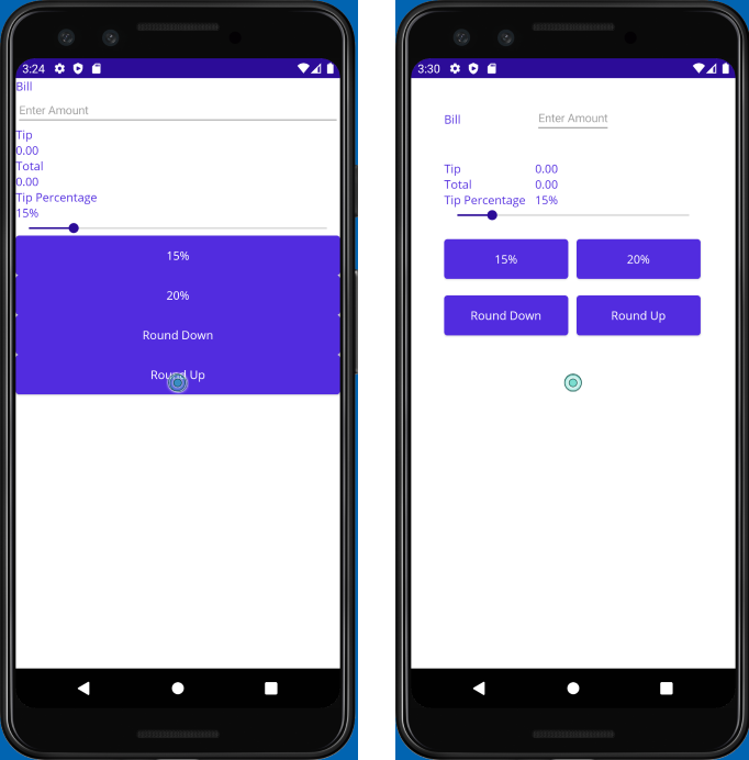 Screenshot showing the starter solution with all of the labels placed vertically in close proximity. Next to it, is the completed solution with controls aligned and positioned in a more intuitive manner.