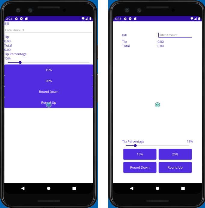 Screenshot showing the starter solution, with all the labels placed vertically in using a vertical StackLayout, and the completed solution, with controls aligned and positioned using a Grid.