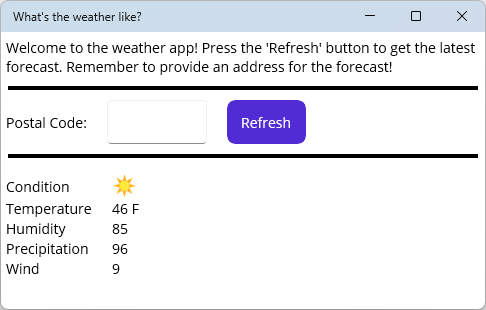 A screenshot of the .NET MAUI app displaying the weather forecast with a sun icon for the sky condition.