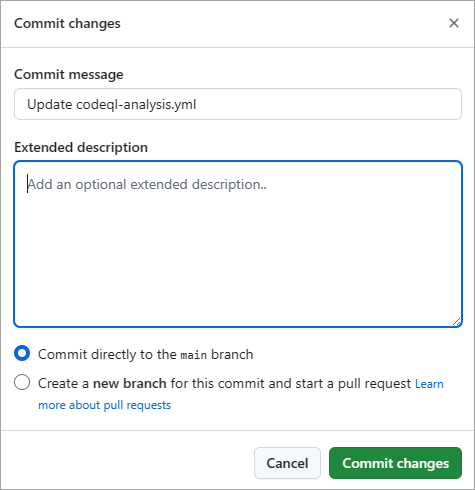 Screenshot of the Commit changes form.