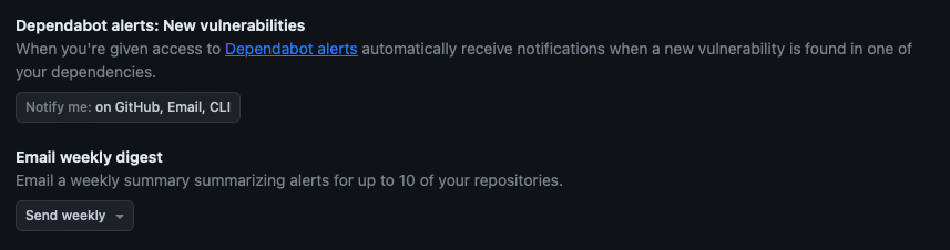 Screenshot of Dependabot alerts section in the notifications settings.