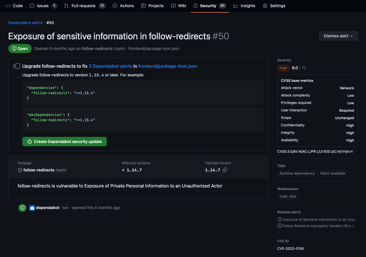 Screenshot of example dependabot alert with identified vulnerable dependency.