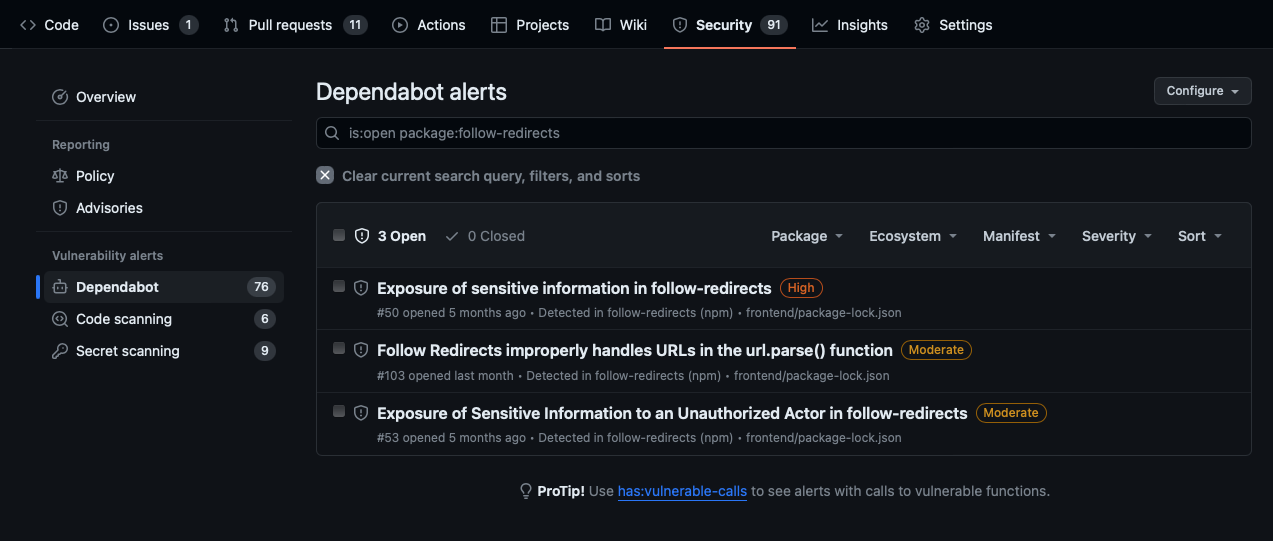 Screenshot of open and filtered Dependabot alerts.