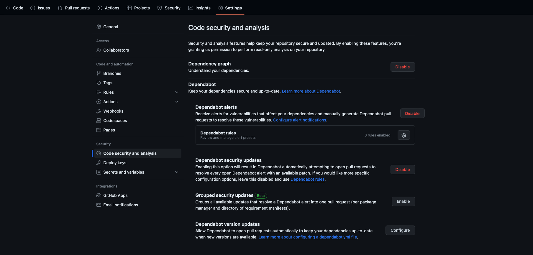 Screenshot of dependency graph enabled in settings.