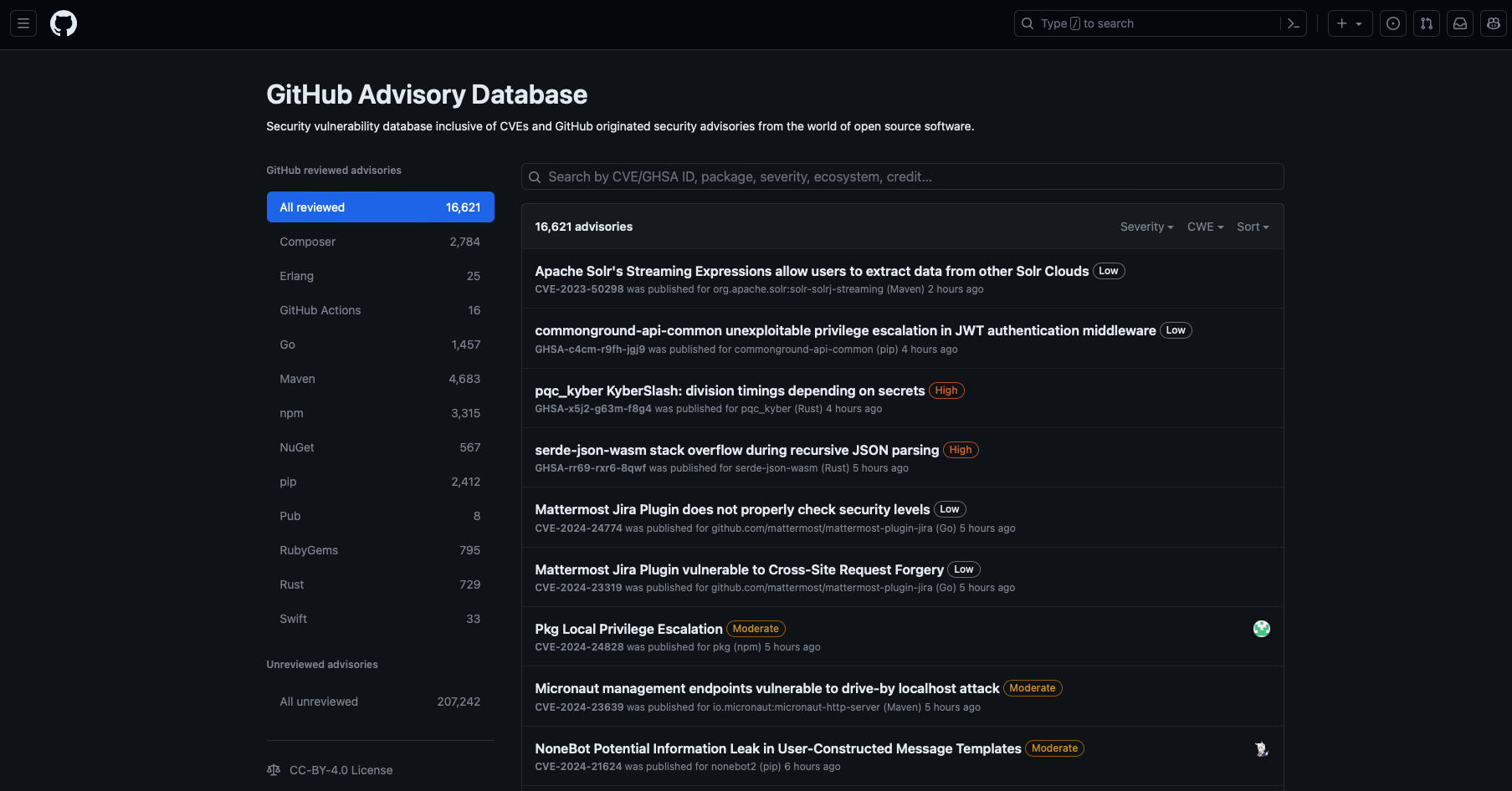 Screenshot of the GitHub Advisory Database.