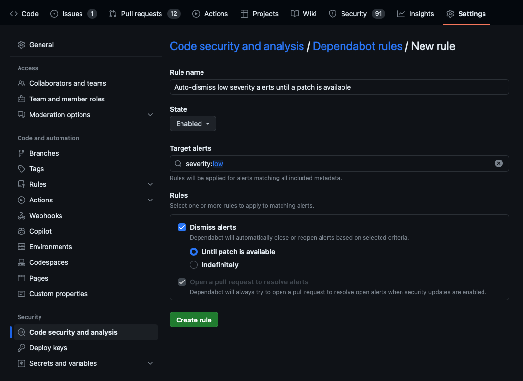 Screenshot of new custom dependabot rule.