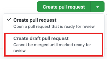 Screenshot showing the draft pull request option.