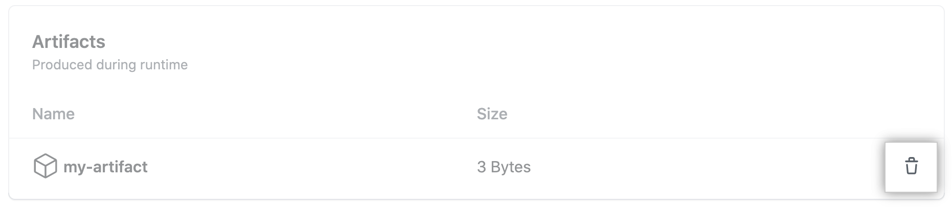 Screenshot that shows the trash can icon to delete an artifact on GitHub.