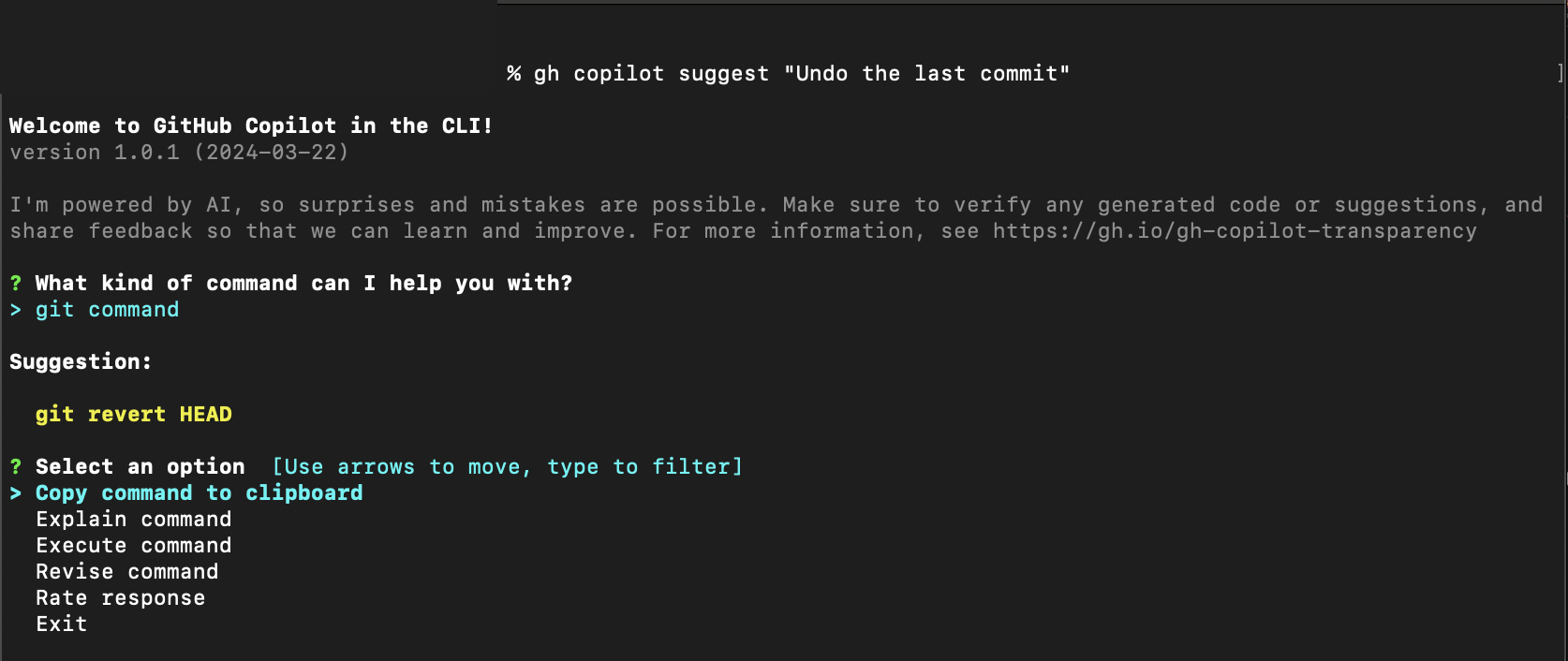 Screenshot of copilot suggest in cli.