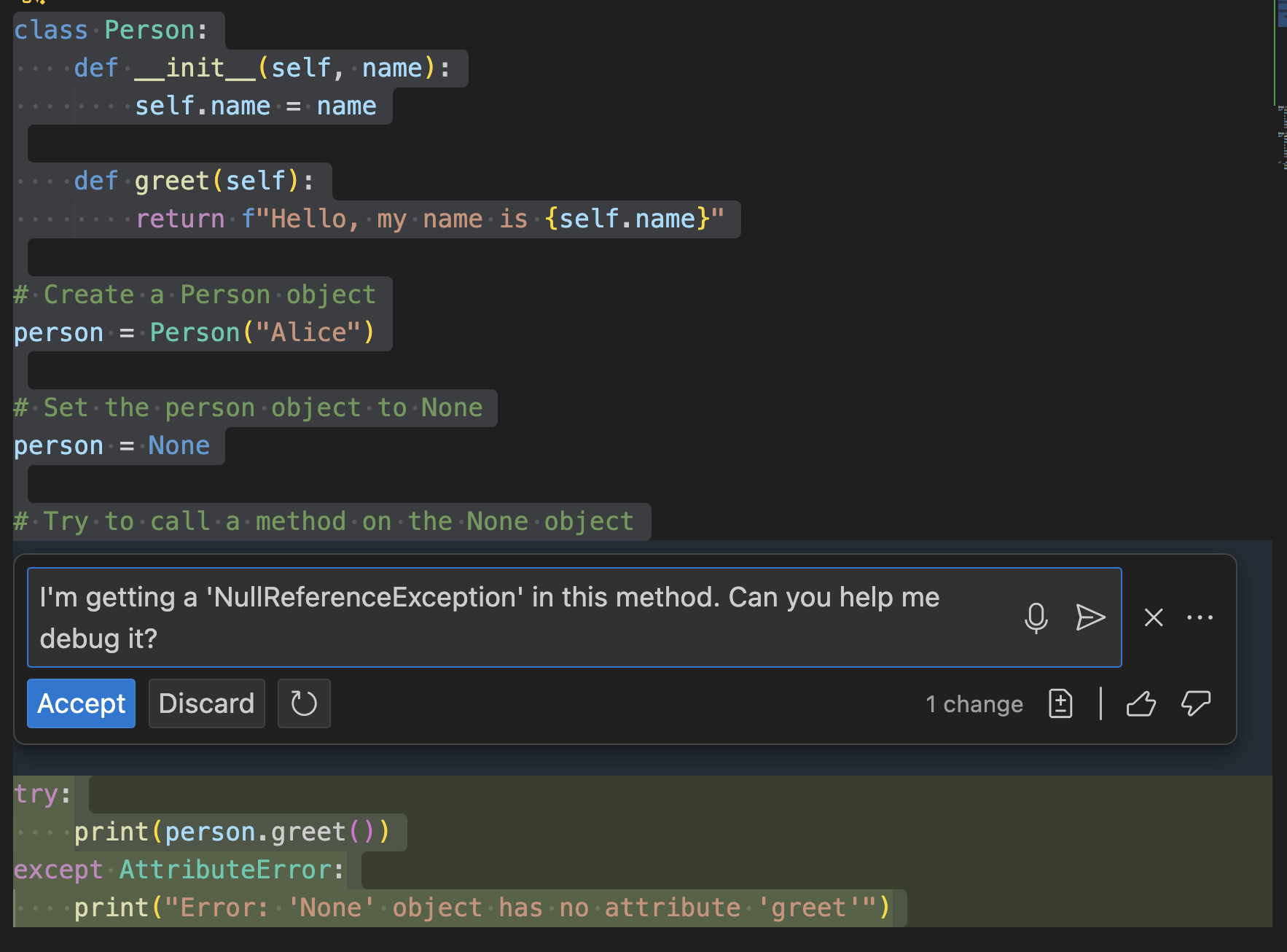 Screenshot of generating code chat debugging.