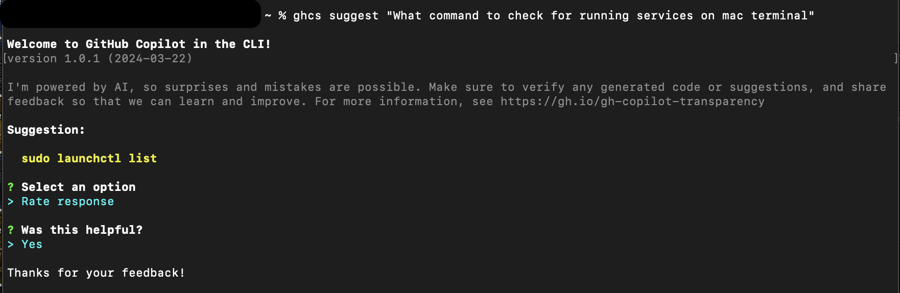 Screenshot of rating suggested command copilot suggest in cli.