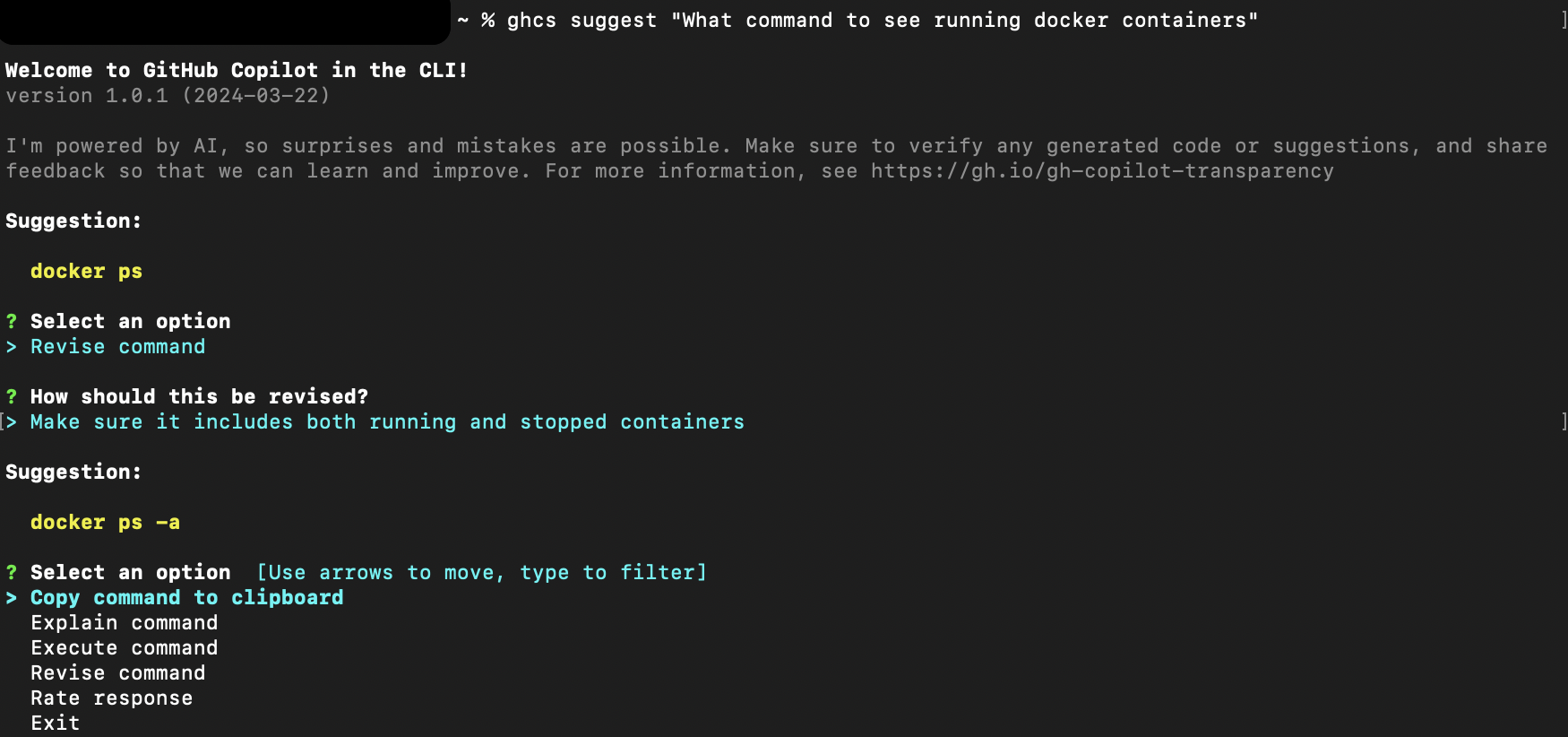 Screenshot of revising suggested command copilot suggest in cli.