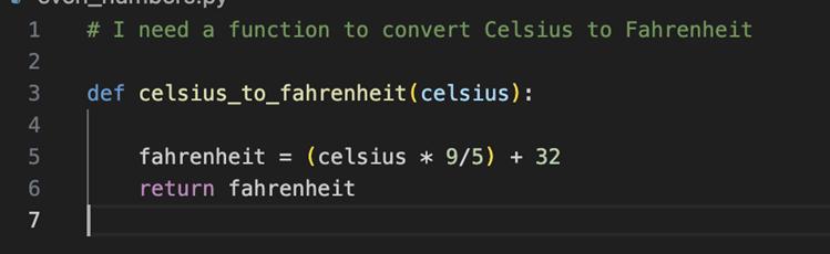 Screenshot of Copilot creating a temperature conversion code from a comment.