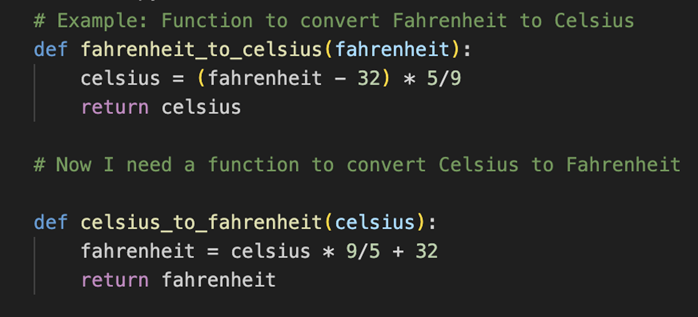 Screenshot of Copilot using an example to create similar temperature conversion code.