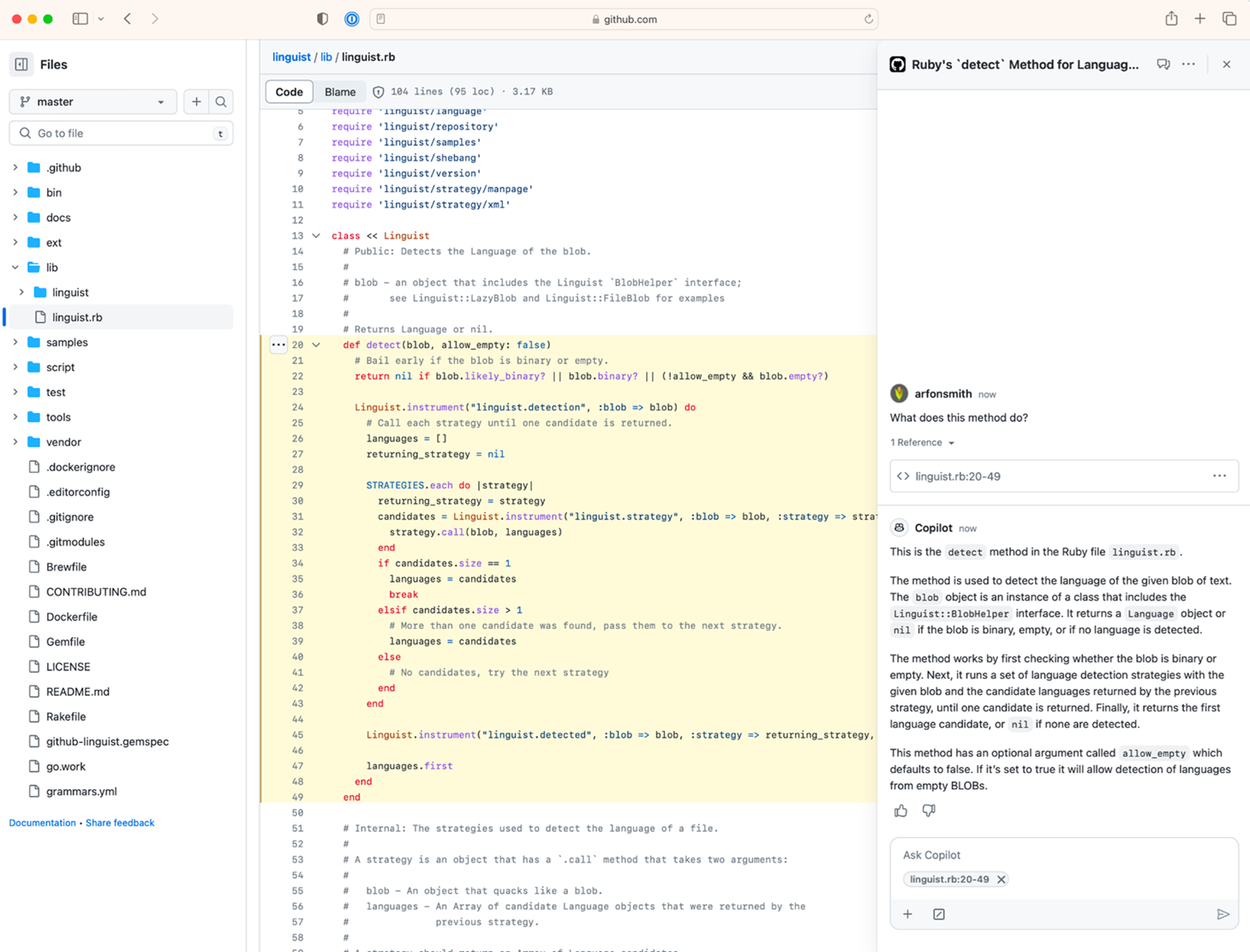 Screenshot of doing code reviews using GitHub Copilot Enterprise.