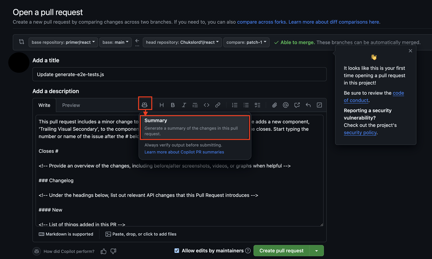 Screenshot of generating a pull request summary.