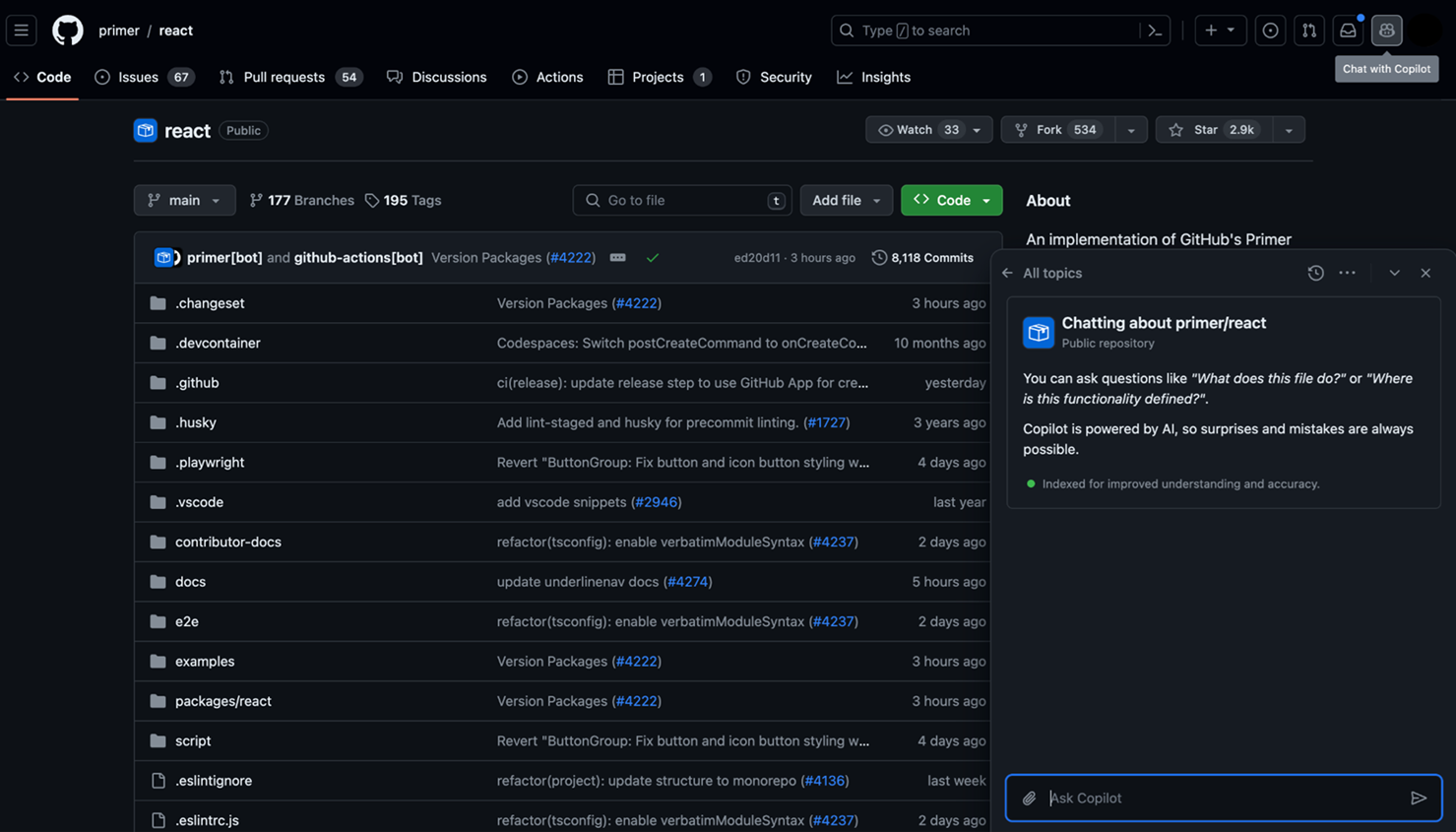 Screenshot of GitHub Copilot chat window.