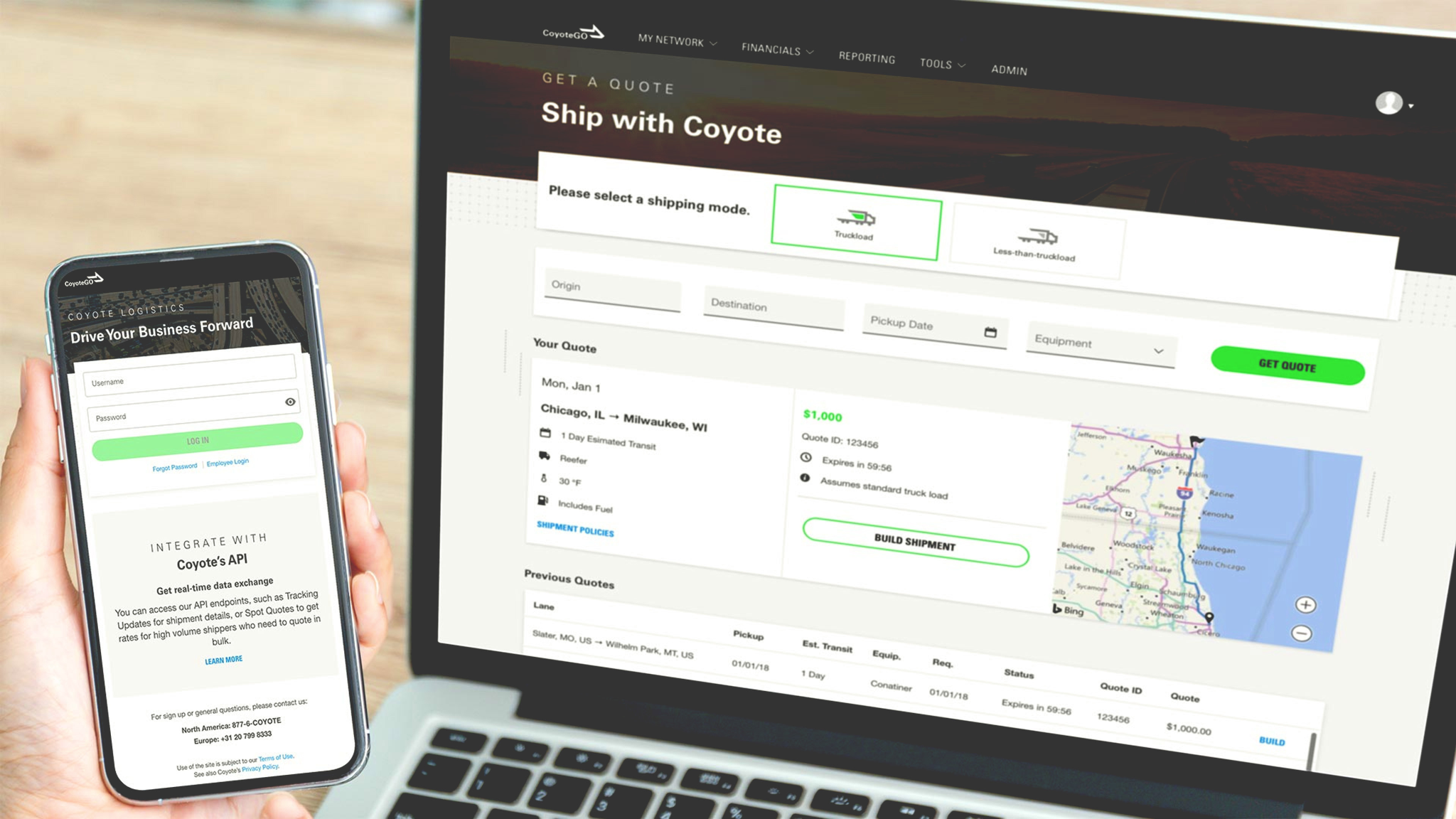 Screenshot of a view of Coyote Logistics's tracking system on a laptop and phone app.