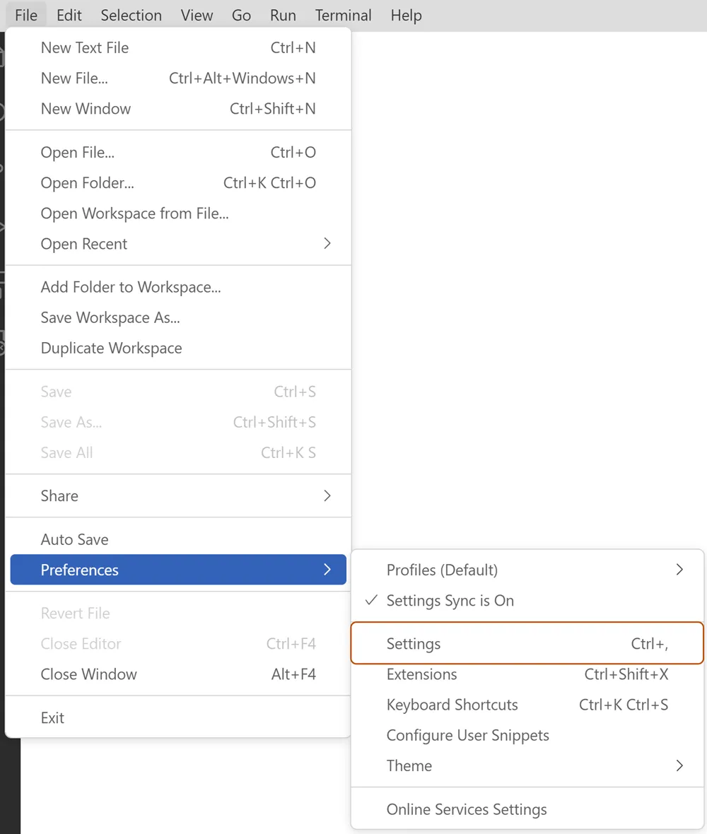 Screenshot of the File menu in Visual Studio Code. The Preferences dropdown submenu is open with the Settings command selected.