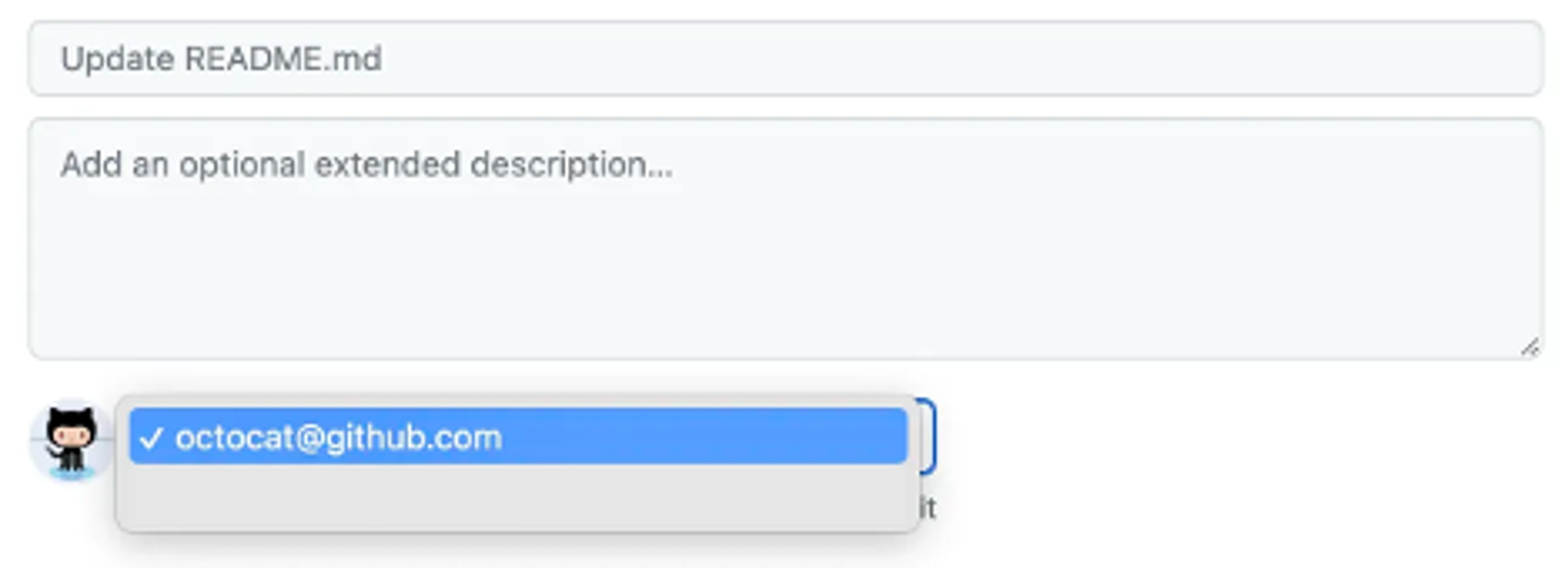 Screenshot showing a commit change with a description box and the drop-down menu of the email to select as the author of the commit.