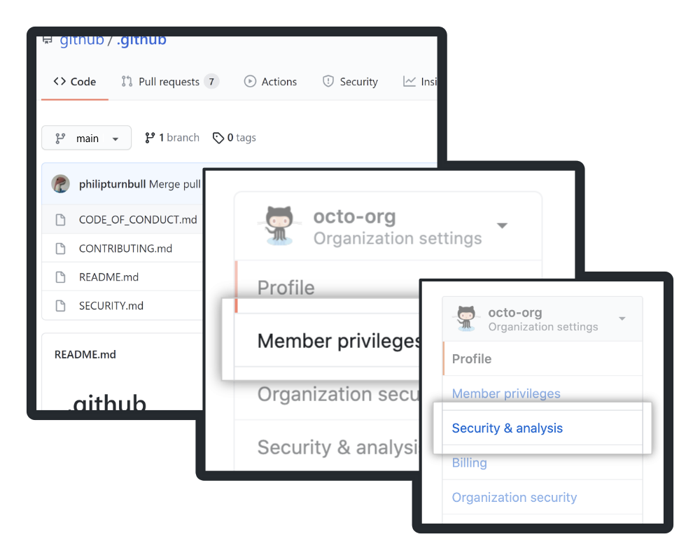 Three screenshots stacked on each other, slightly offset, which show community health files in a repository and settings for an organization.