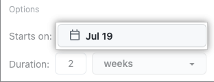 Screenshot of the Iteration Field Date Editing Field with the options to edit start date and duration in weeks.