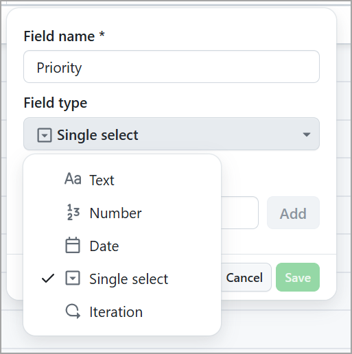 Screenshot of the drop-down menu for a New Field.