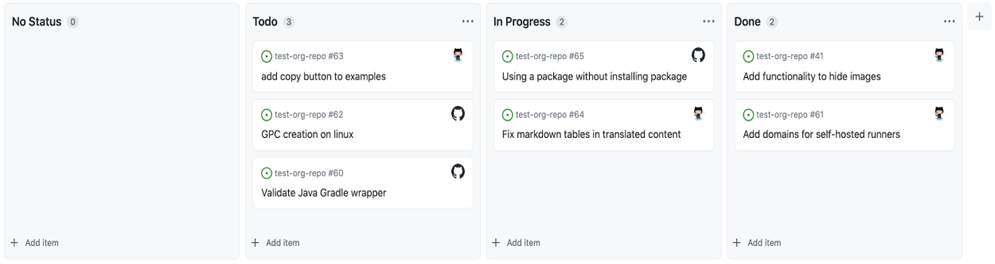 Screenshot example of a Project board with four columns labeled; no status, todo, in-progress, done.