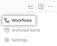 Screenshot of the Workflows menu on Projects that contains the options, Workflows, Archived items, and Settings with Workflows highlighted.