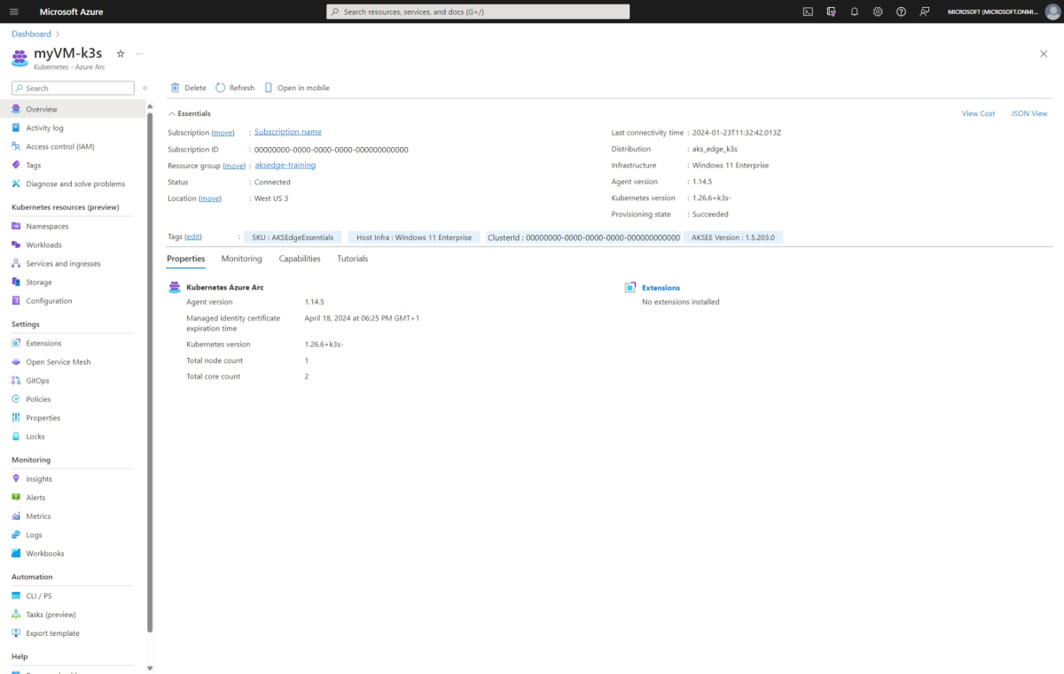 Screenshot of AKS Edge Essentials Kubernetes Azure Arc resource in Azure portal.