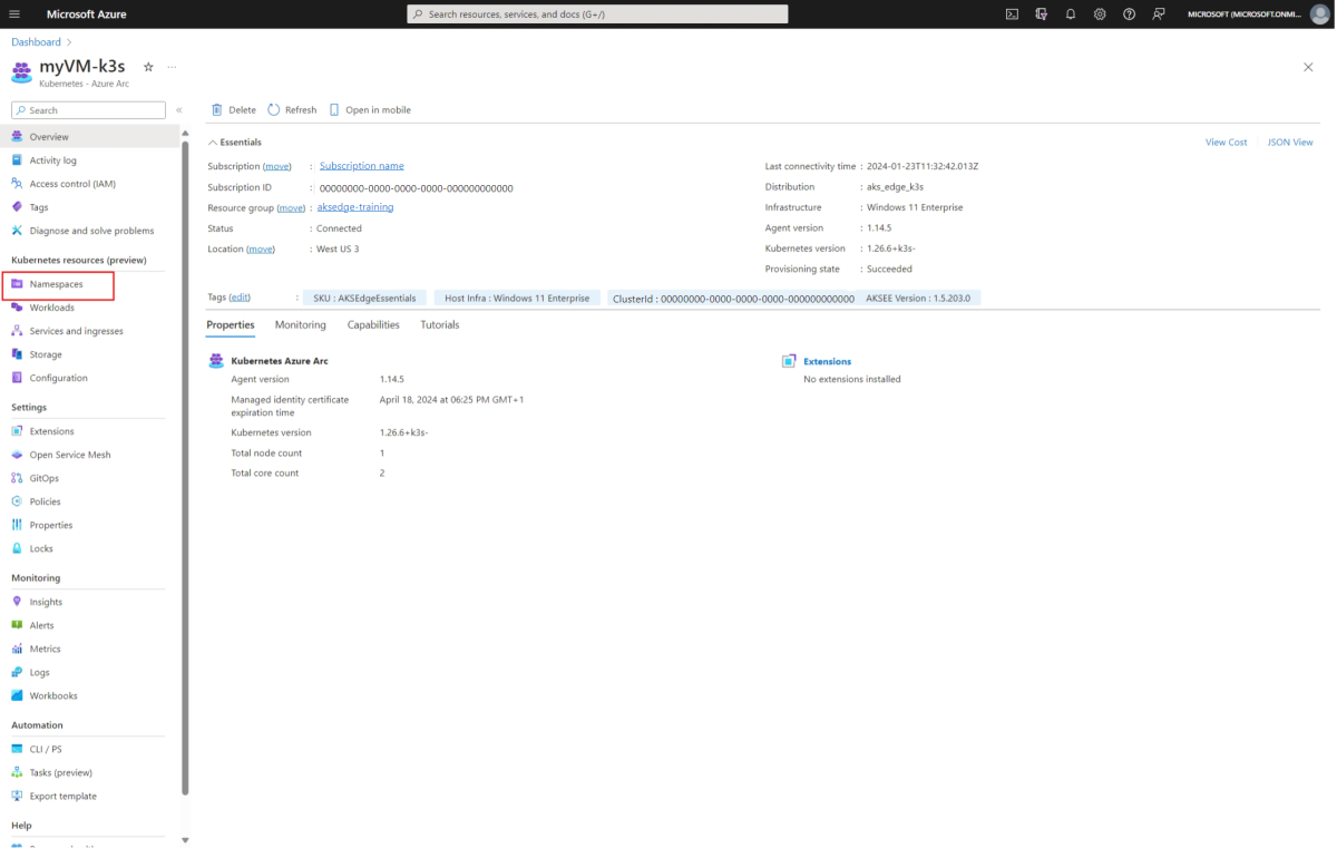 Screenshot of AKS Edge Essentials Kubernetes Azure Arc resource in Azure portal with namespaces highlight.