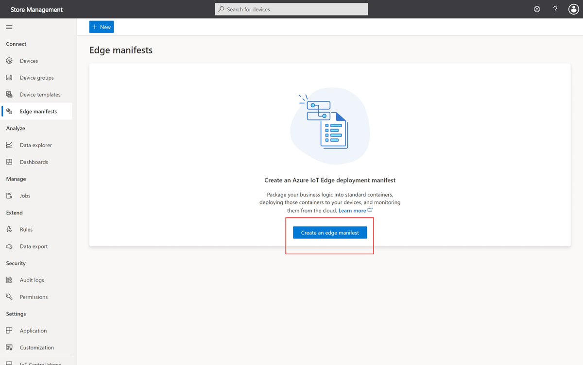 Screenshot that shows the deployment manifests page where you manage the IoT Edge deployment manifests in your Azure IoT Central application.